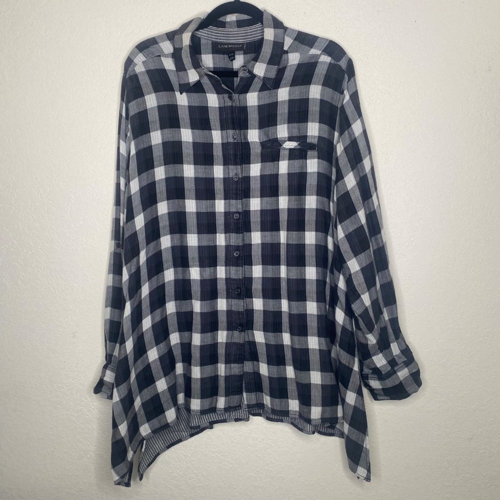 Lane Bryant 18/20 Black & White Plaid Button-Down Tunic Top With Rolled Sleeve